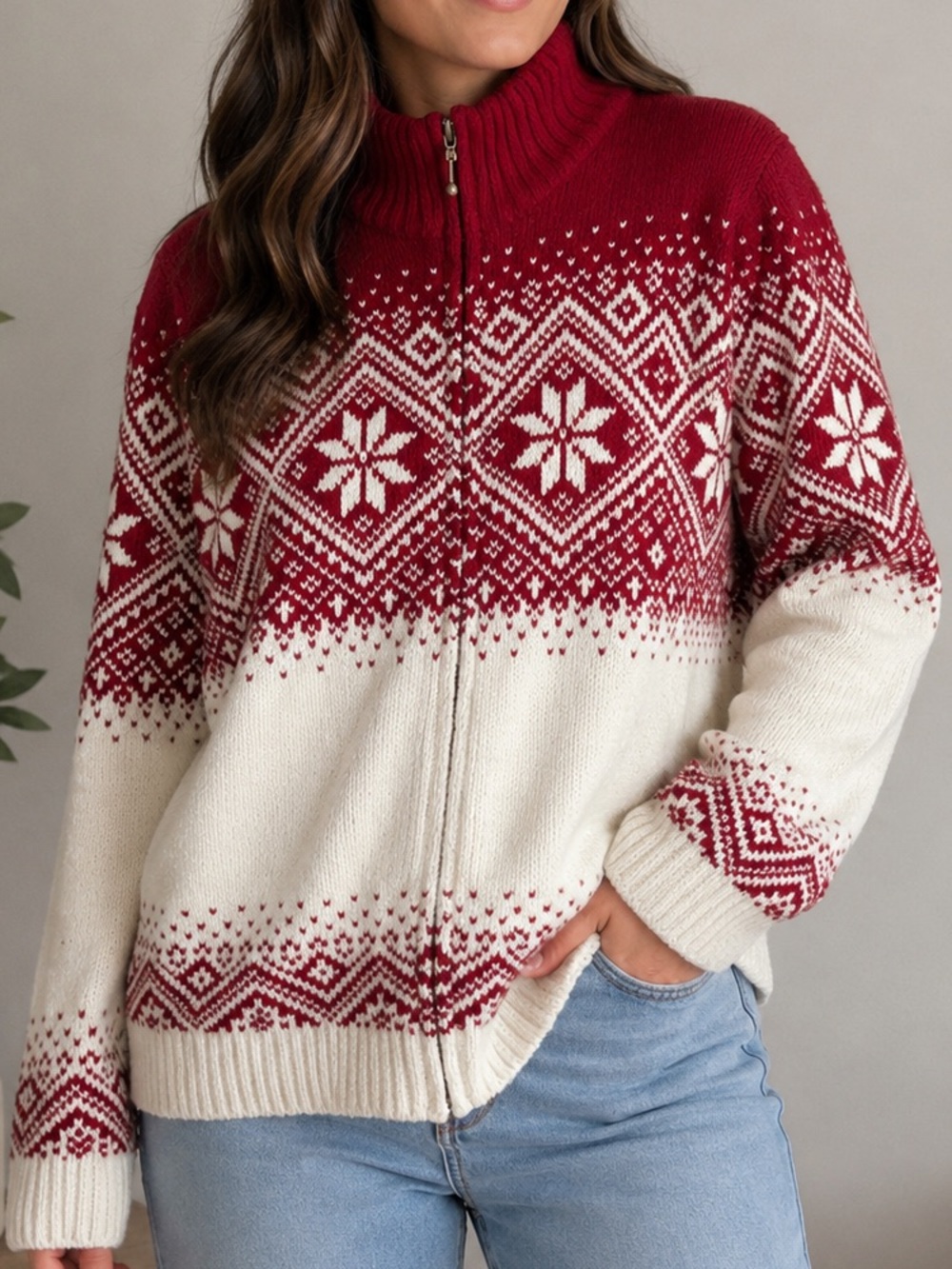 Tradition Country Collection Nordic Fair Isle Zip-Up Sweater Women’s M Holiday
